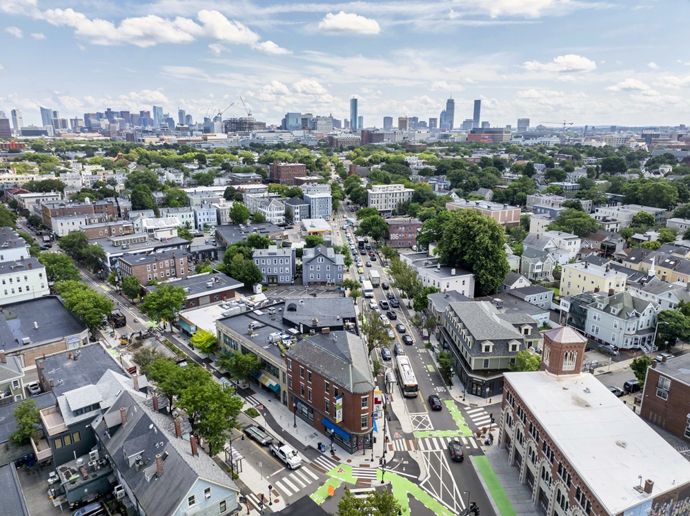 A sky view of Inman Square that was fully redesigned and reconstructed.