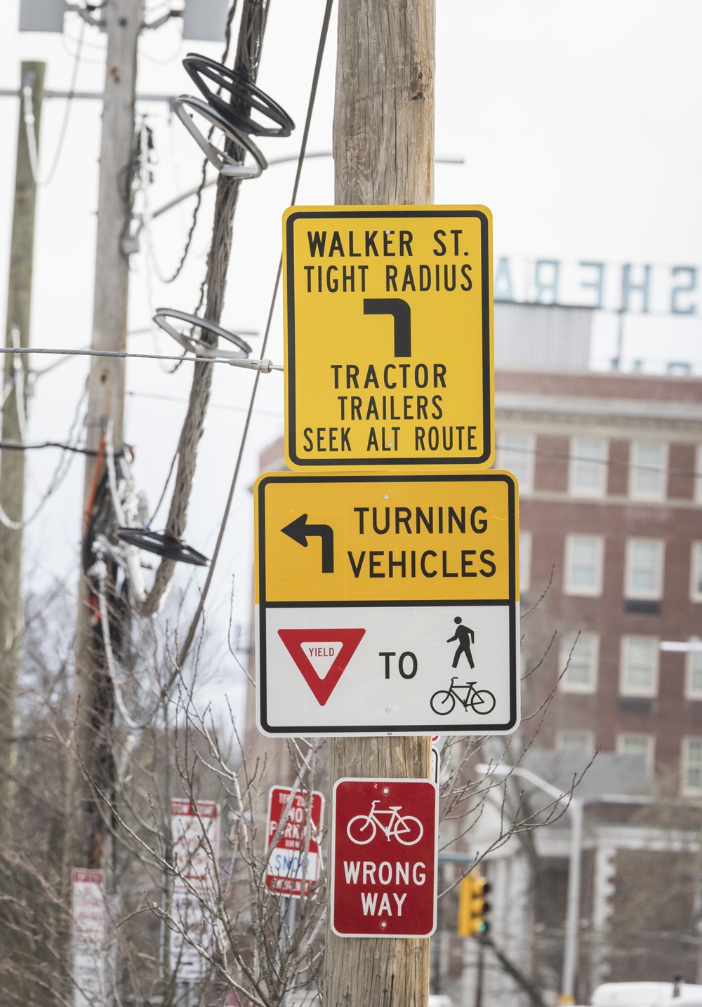 Various street signs on a telephone pole near Walker St. directed at both cyclists and vehicles