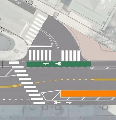 rendering of street intersection with green bike lanes and orange bus lanes.
