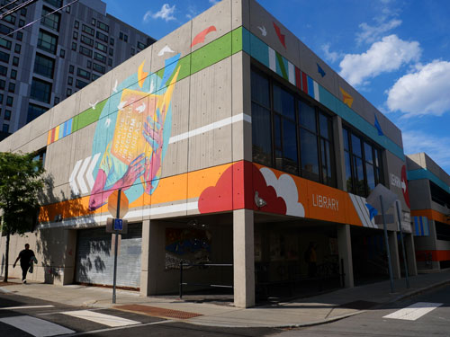 Murals on exterior of Central Square Branch Library, Cambridge.