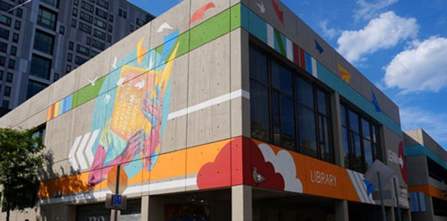 Murals on exterior of Central Square Branch Library, Cambridge.