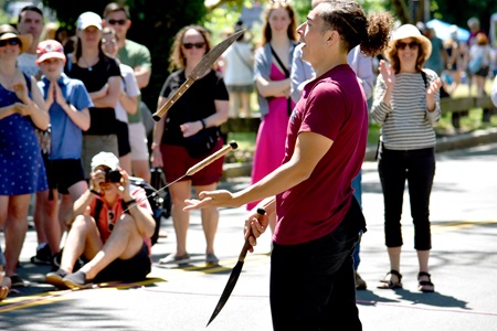 Juggler performs at 2024 Cambridge Arts River Festival. (Greg Cook photo)