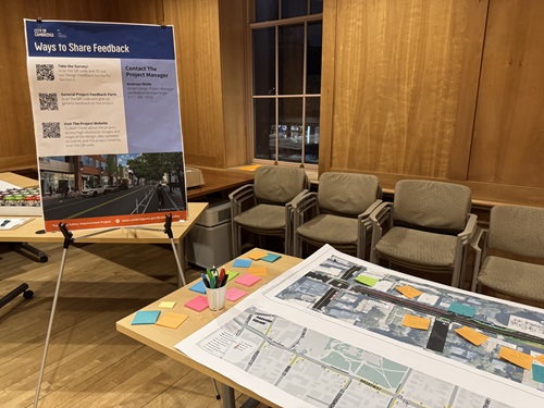 Table with Map and sticky notes poster board in background