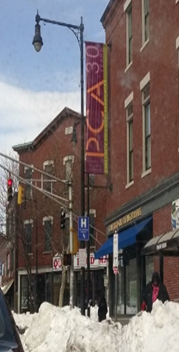 Banner hung from light post