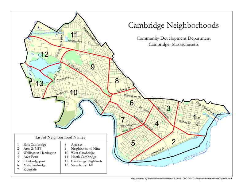 Map showing the neighborhoods of Cambridge