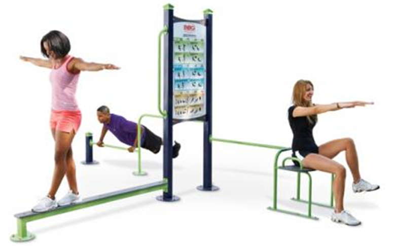 People exercising at outdoor fitness stations