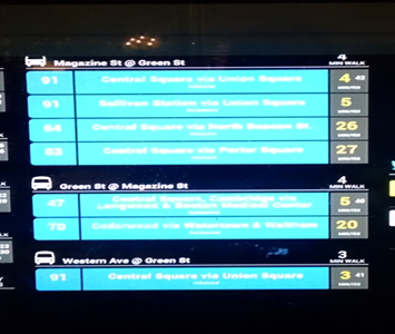 Bus monitor showing estimated time of arrival for several buses