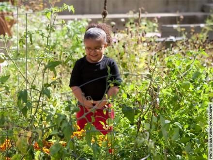 Smiling girl in a garden standing among the plants