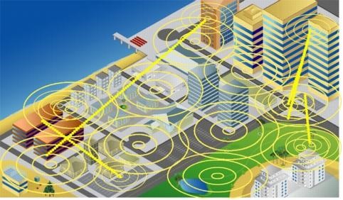 Map of a city overlaid with wifi hotspots and access zones