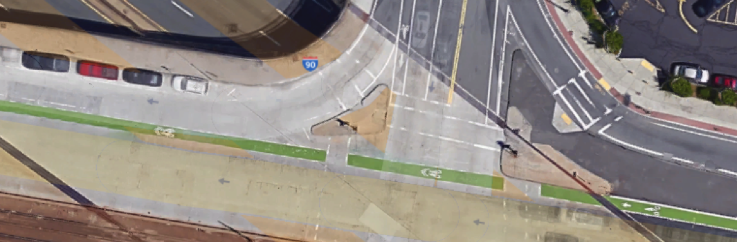 Overhead view of intersection showing bike lanes