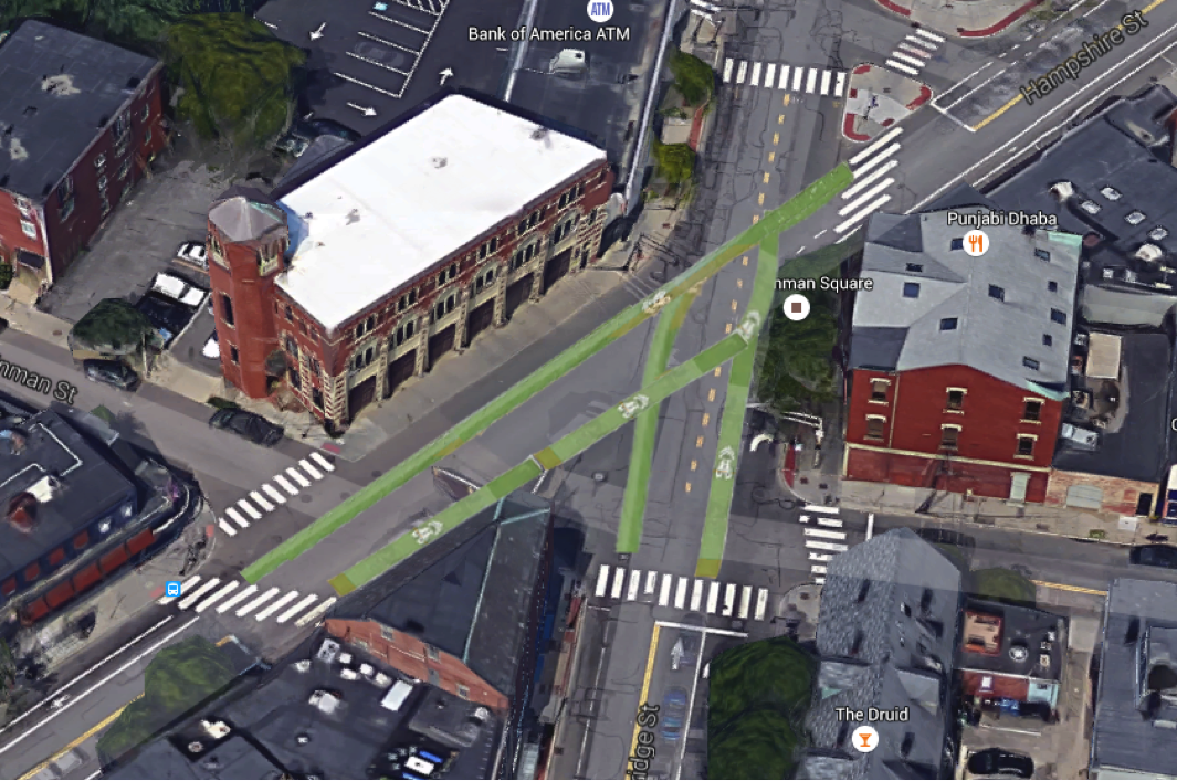 High overhead shot of intersection showing bike lanes