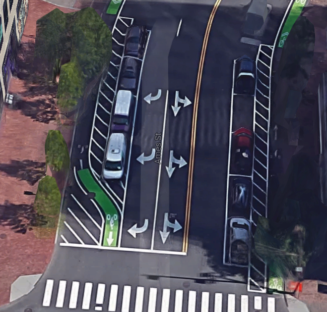 Overhead view of Ames St showing protected bike lanes