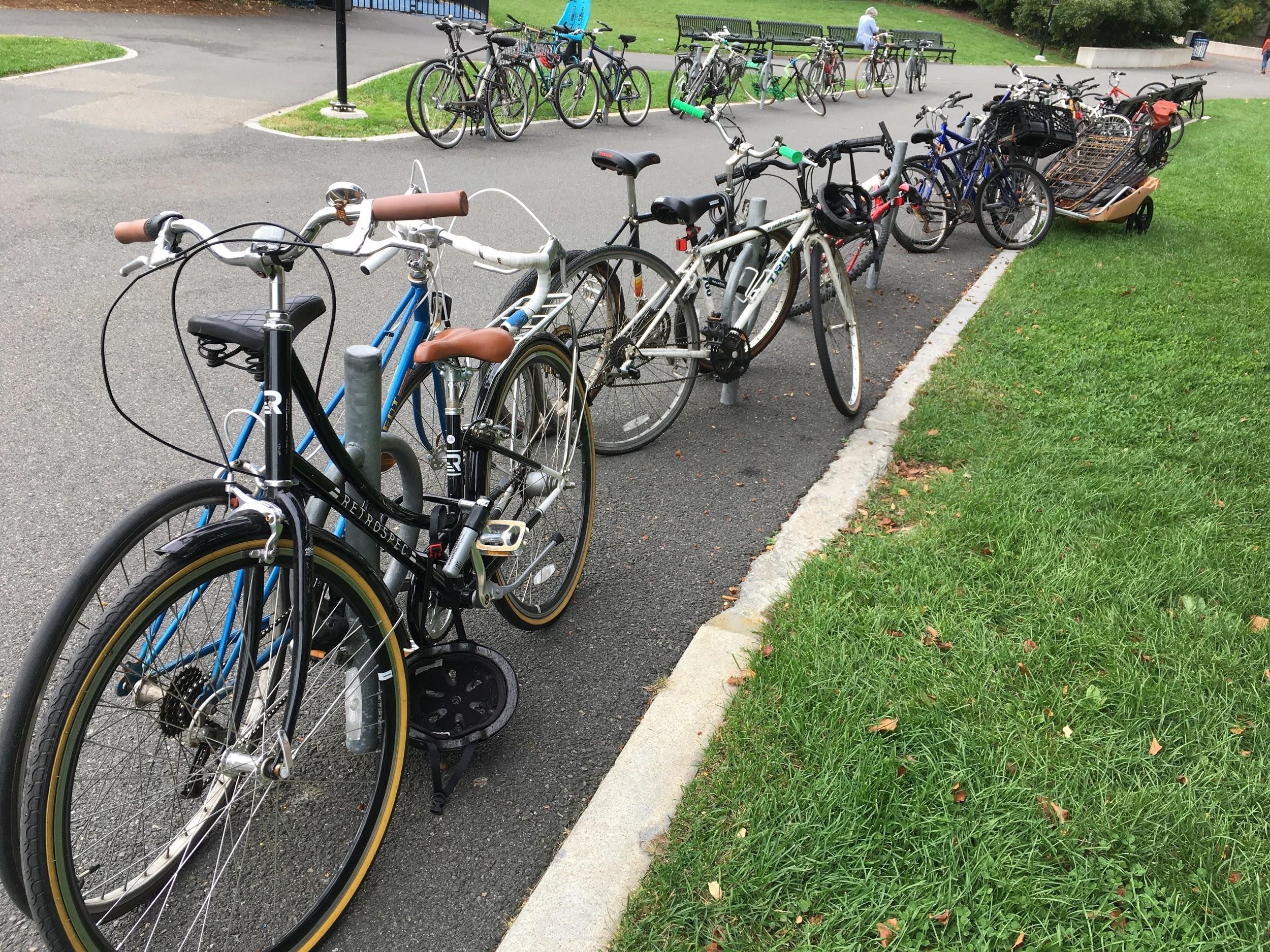 Bikes locked to posts at the main library overflow