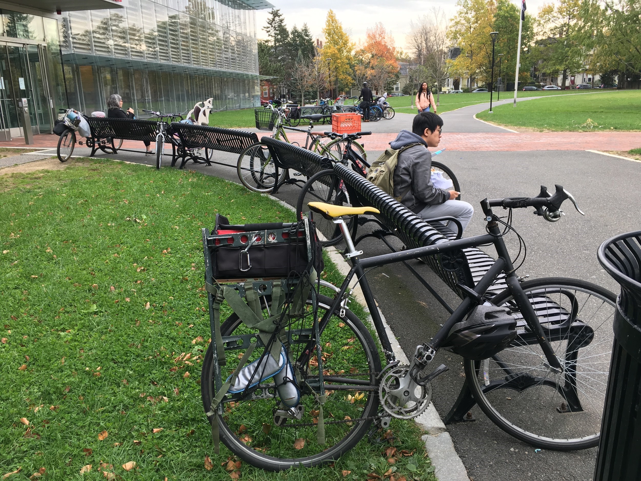 Bikes locked to benches at the main library