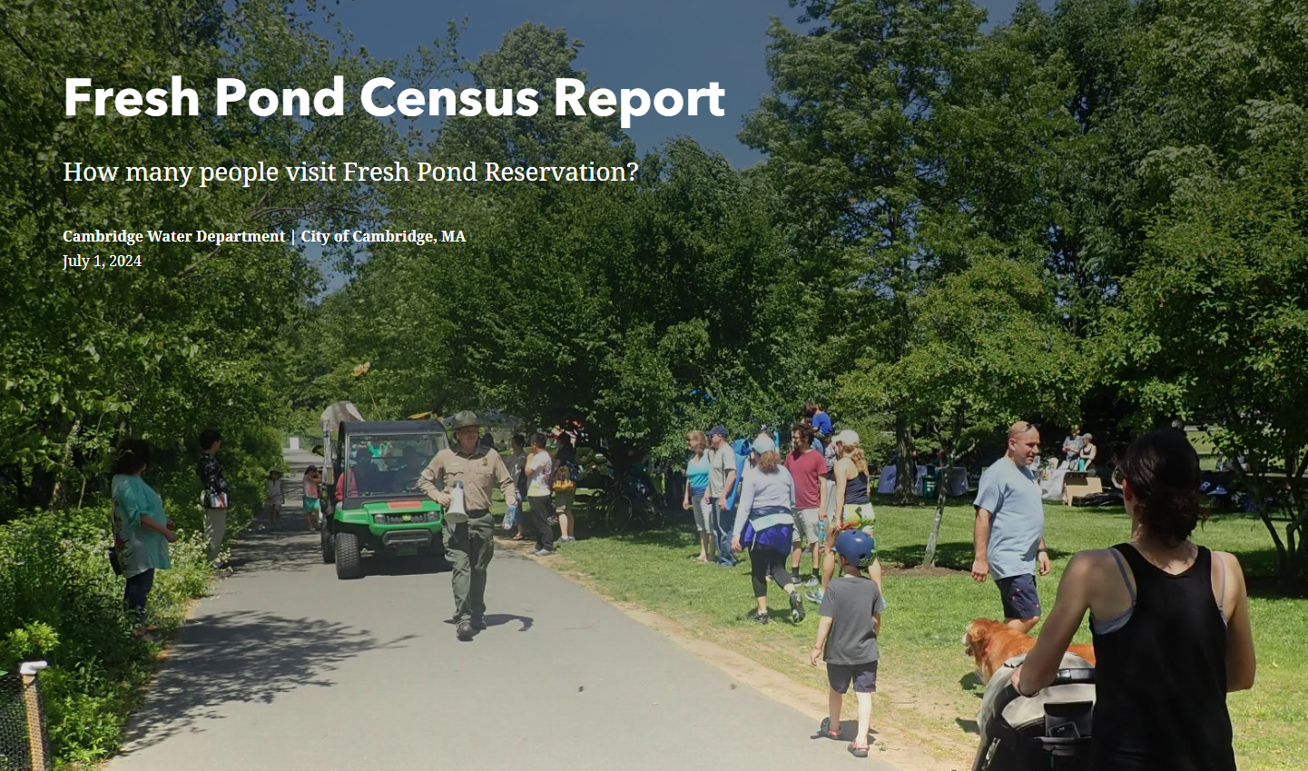 Title page of the Fresh Pond Census Report. Depicts people on the lawn and pathway at Fresh Pond Reservation on a sunny day.