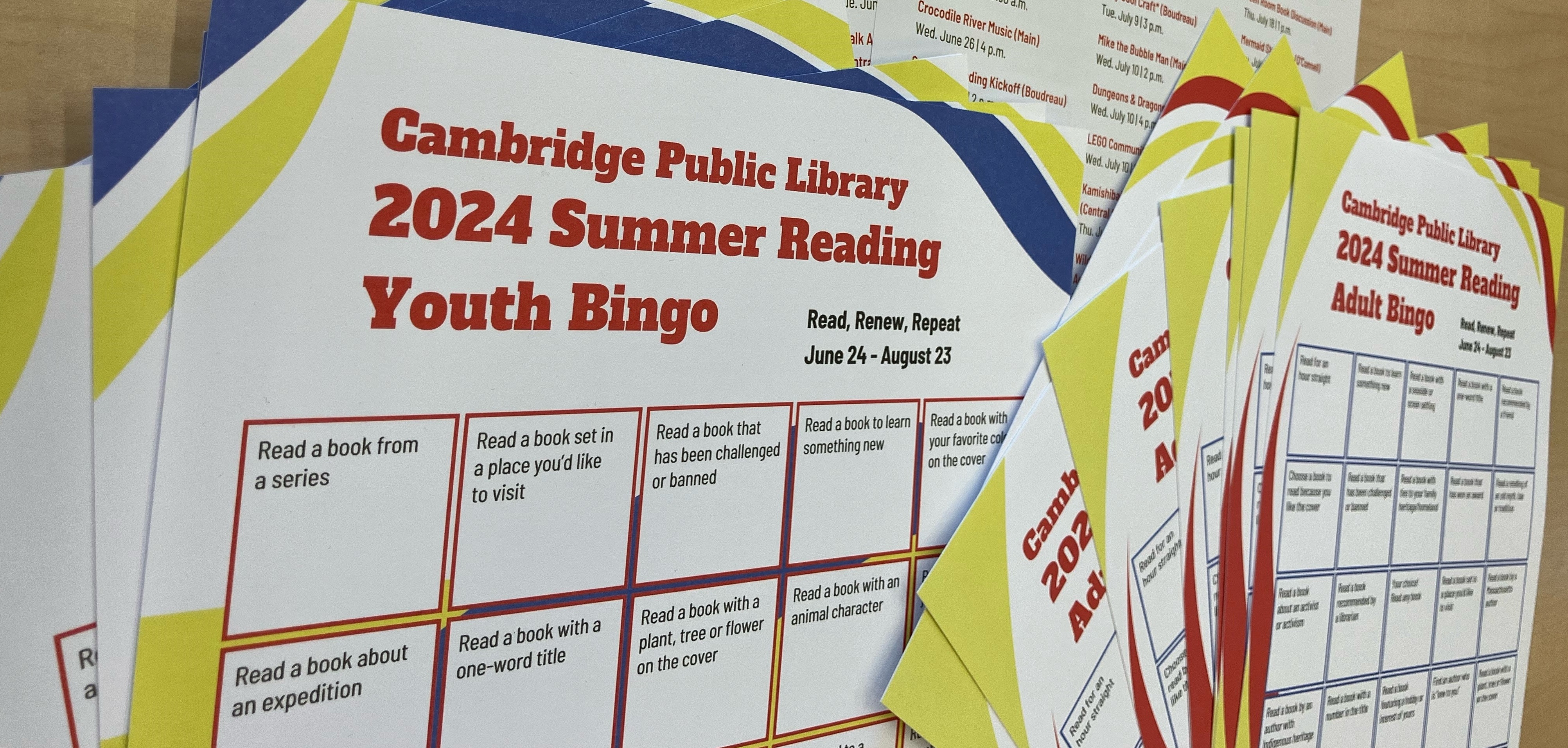 2024 Cambridge Public Library Summer Reading Bingo Boards